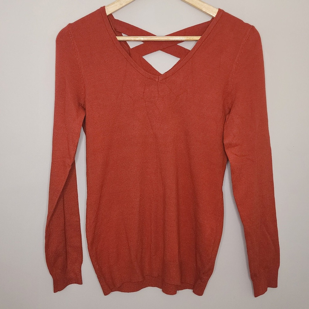 Love Ellie Sweater Rust Orange Lattice Strappy Back V-Neck Womens XS